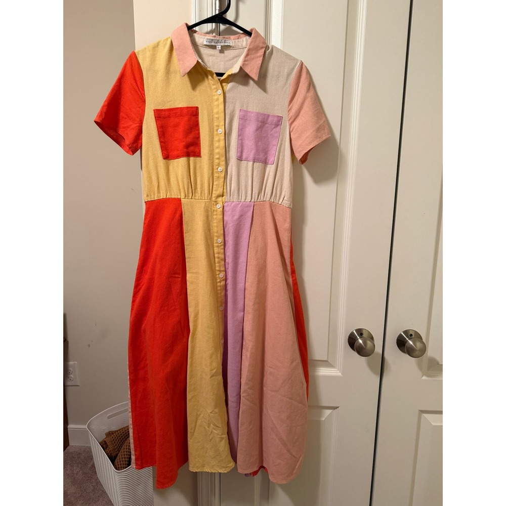 English Factory Colorblock Linen Blend Midi Dress Womens Small Multi